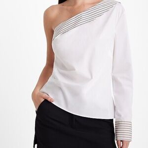 Express White poplin striped collar One-Shoulder draped cotton top Blouse NWT